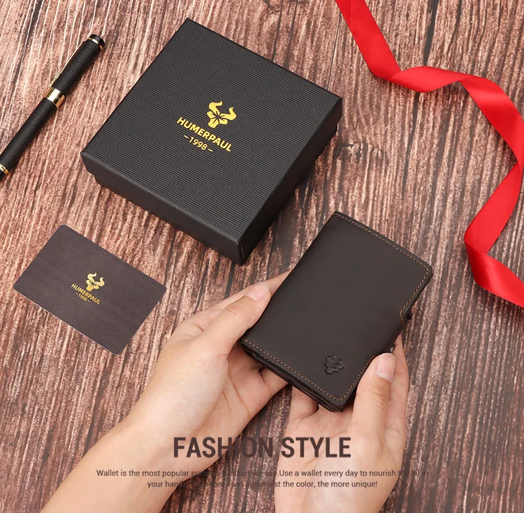 HUMERPAUL Herren-Kartenhalter mit Geldfach, Crazy Horse-Leder, Pop-Up, minimalistische Geldbörse, RFID-blockierendes, schlankes Bankkartenetui aus Metall – Detail 1