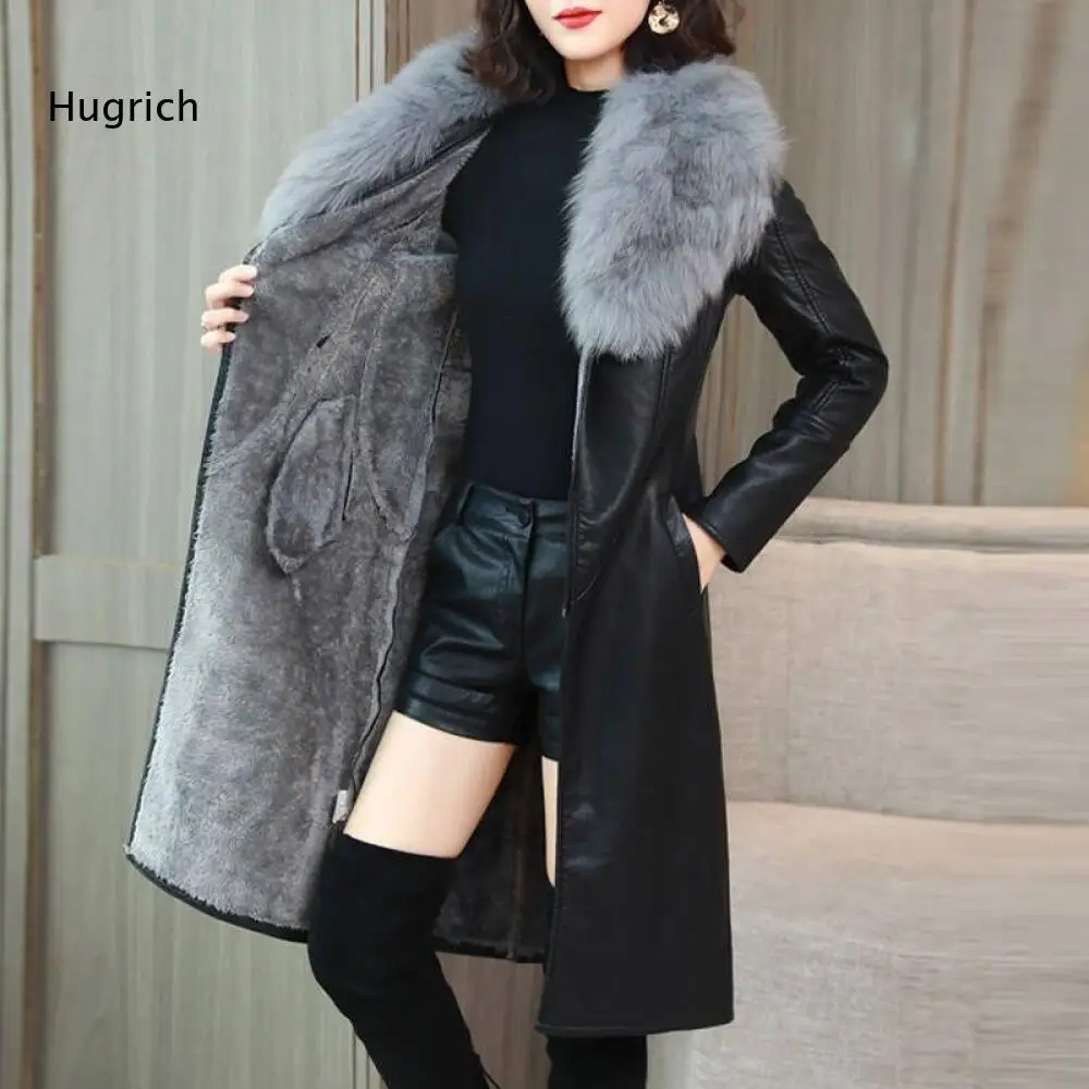 Mid Long Faux Leather Coat Women Decorative Faux Fur Collar Belted Waist Warm Thick Outer Garment for Casual and Date Outfits