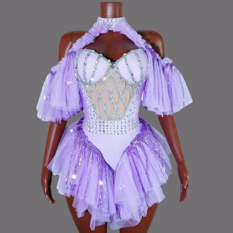 

Light purple halter off shoulder sequin mesh fringe dance sexy bodysuit dancer nightclub singer drag queen performance costume