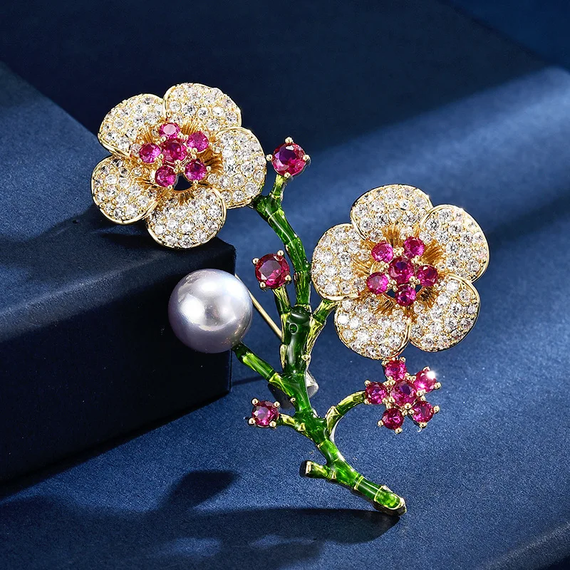 

Vintage Pearl Plum Blossom Brooch Luxurious Color Zirconium Corsage Fashionable Temperament Jacket Cardigan Female Accessories