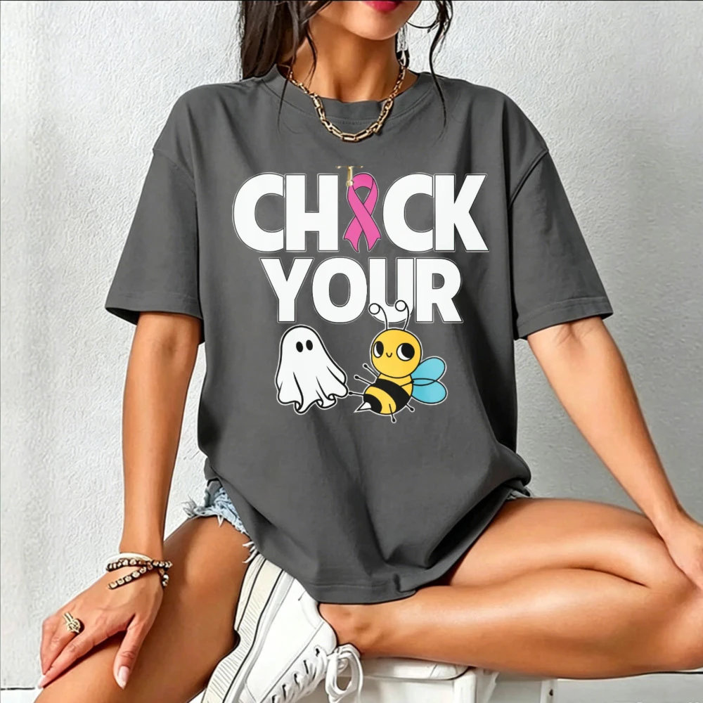 Check Your Boo Bee Pink Ribbon Ghost Bee Graphic Print Cotton T‑Shirt Breast Cancer Awareness Funny Halloween Casual Ladies Tops