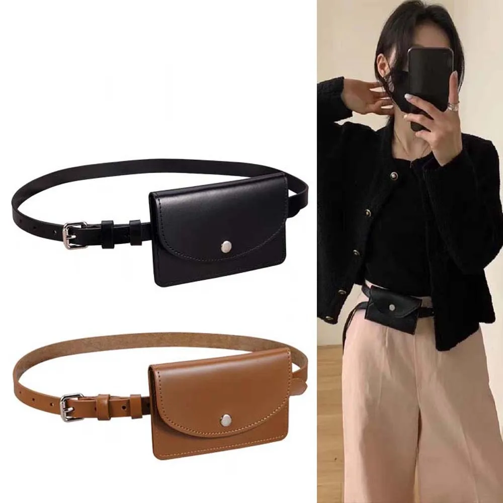 

Magnetic Button Detachable Waist Belt With Bag 2 in 1 Flap Waistband Waist Bag Solid Color Fanny Pack PU Leather Coin Purse Work