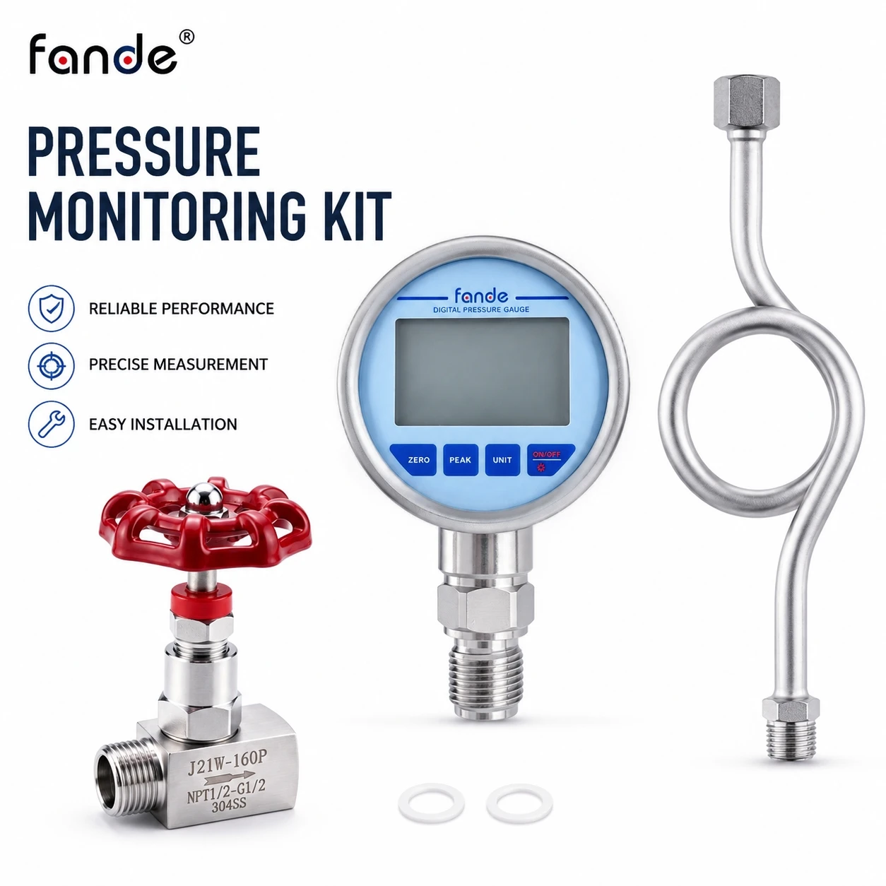 High Temperature Pressure Instrument Pressure Monitoring Kit Digital Gauge NPT1/2-G1/2 304SS Syphon Valve IP65 Steam Boiler