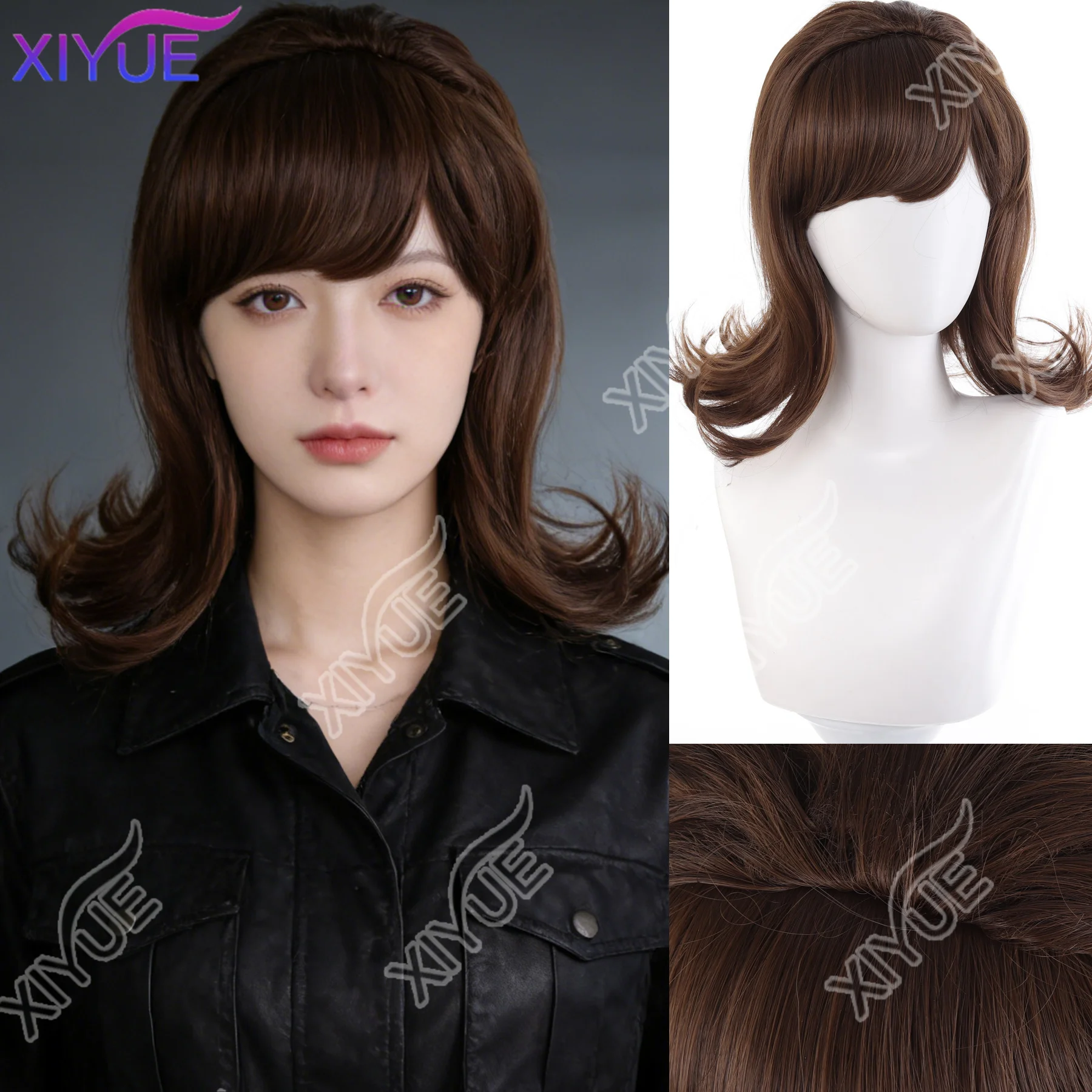 

XIYUE синтетический коричневый парик улей с челкой для женщин 60-х 70-х годов Парики Pinup Bouffant для винтажного костюма Косплей Хэллоуин Вечеринка