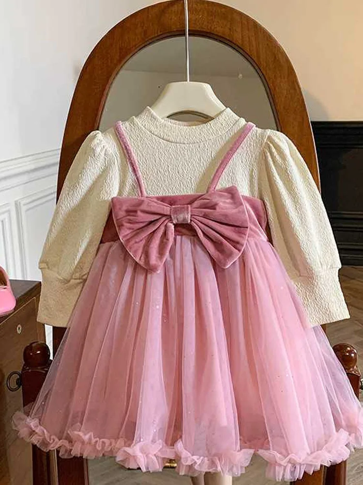 Girl Princess Spring And Autumn Baby Long Sleeved Autumn Fake Two Pieces Of Mesh Children Dresses Party Dresses For Girls