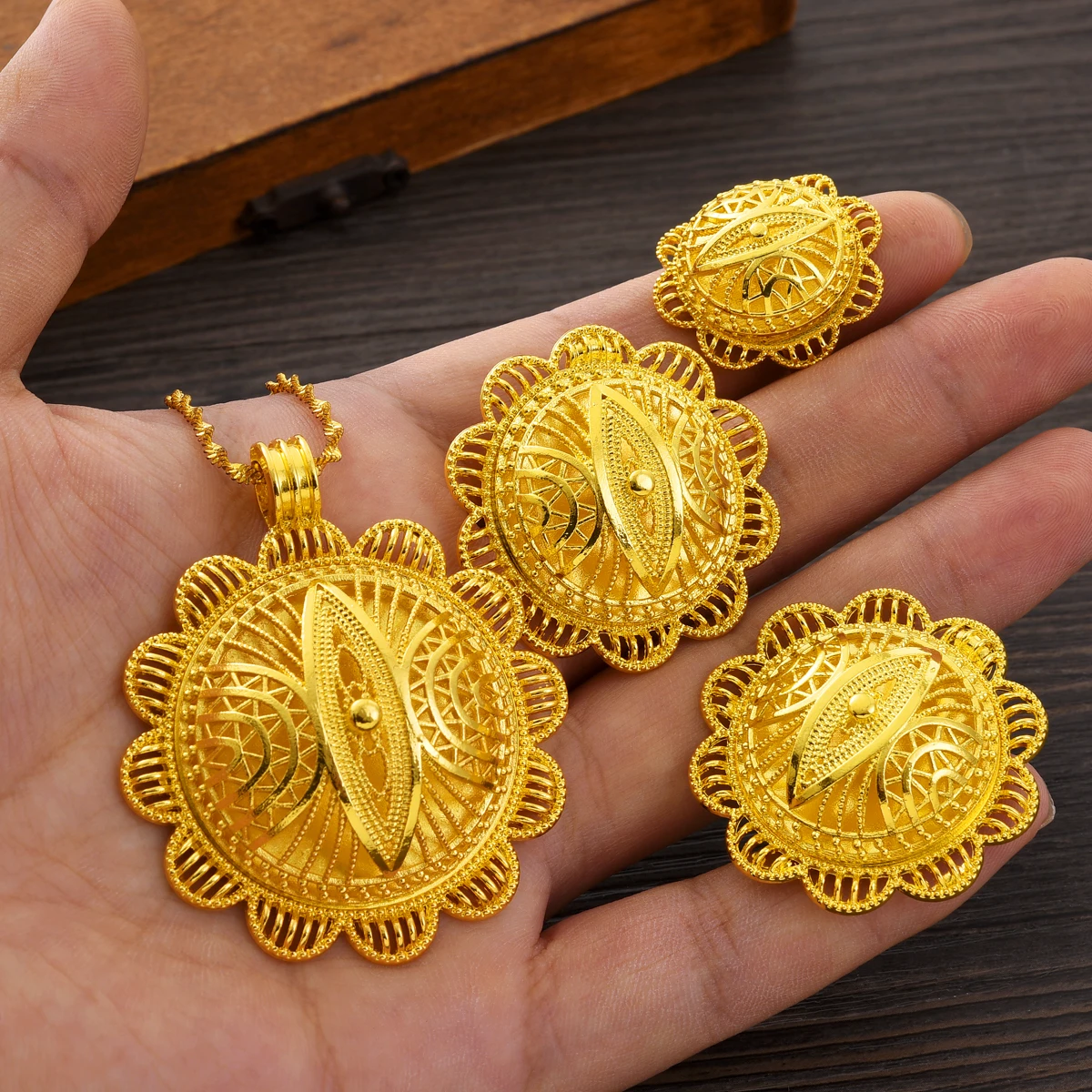 Gold Color Ethiopian Jewelry Sets Necklace Earrings Ring 3-piece Sets Dubai Wedding Bride Sets African Gifts #TZ053