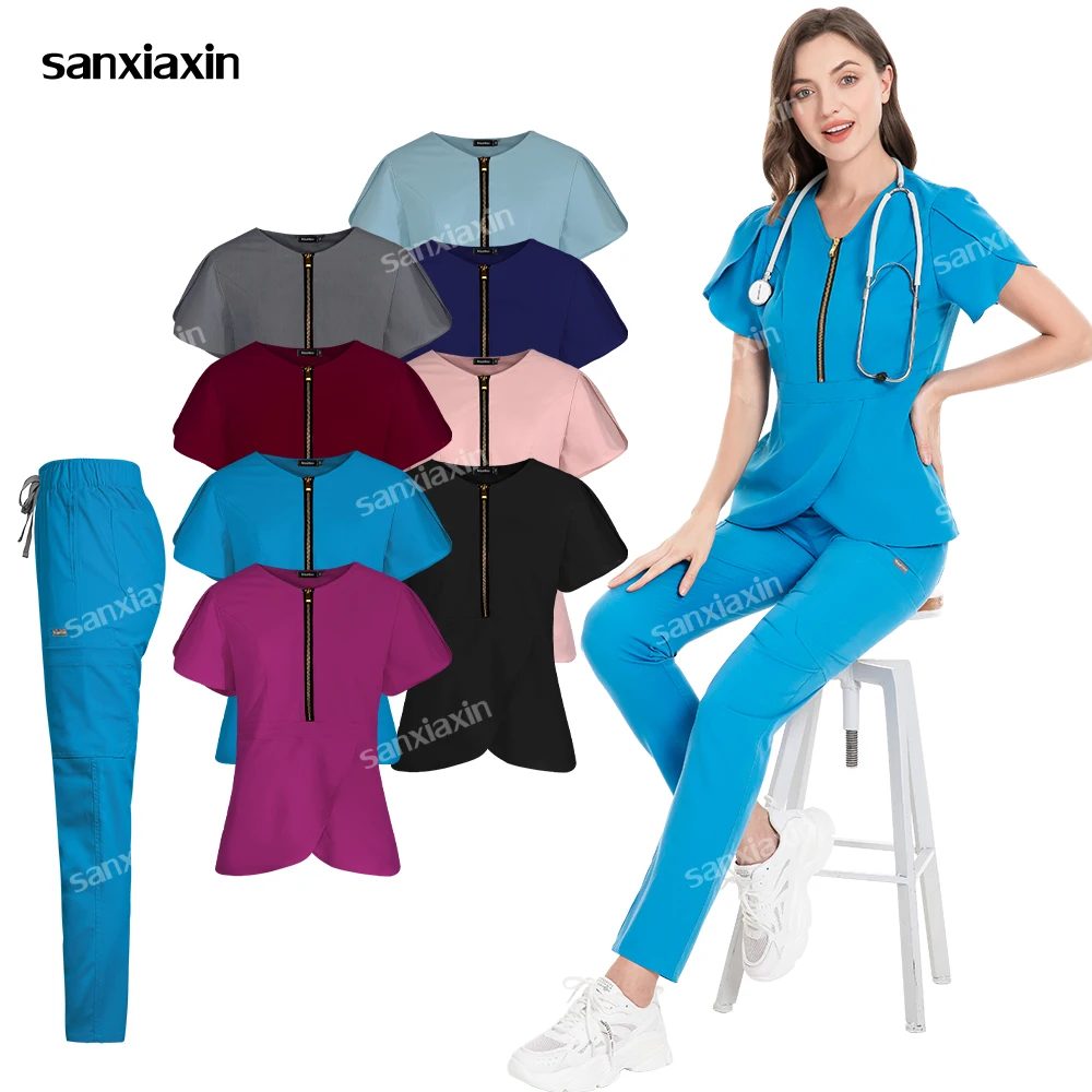 Multilcolor Beautician Uniform Women Medical Scrub Set Hospital Clothes Nurse Accessories Dental Surgery Suit Top+Straight Pants