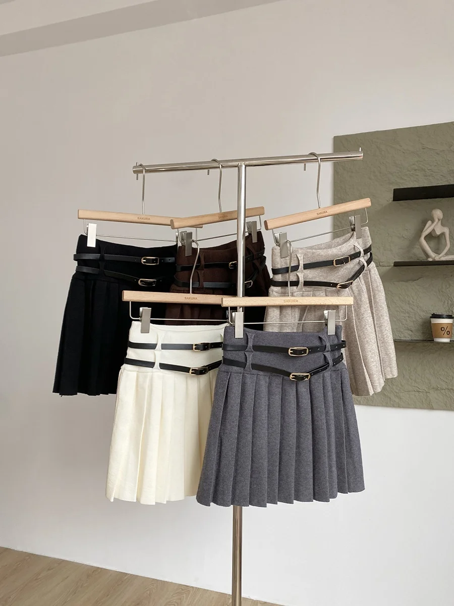 

Women's Autumn Winter Pleated A Line Skirt Lady Solid Color High Waist Short Knitted Skirt