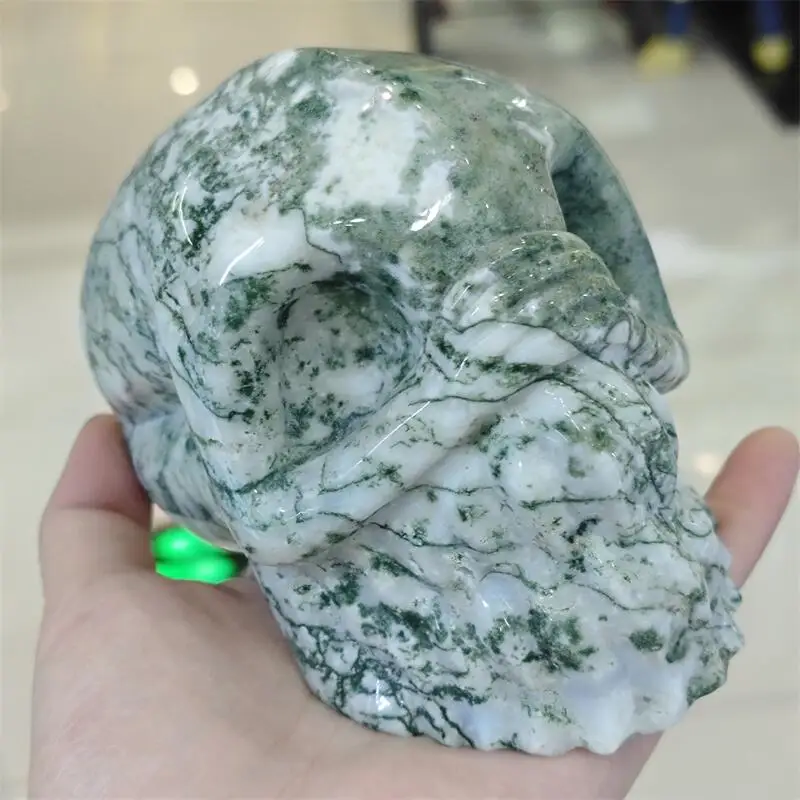 Natural Moss Agate Skull Carving Realistic Feng Shui Healing Fengshui Ornament Collectible Gift 1PCS