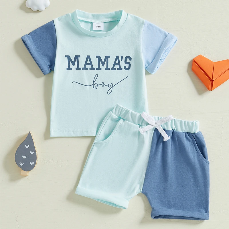 Conjunto de 2 piezas de trajes de Color contrastante para bebés de 0 a 3 años, camiseta de manga corta con estampado de letras + pantalones cortos de cintura elástica con bolsillos