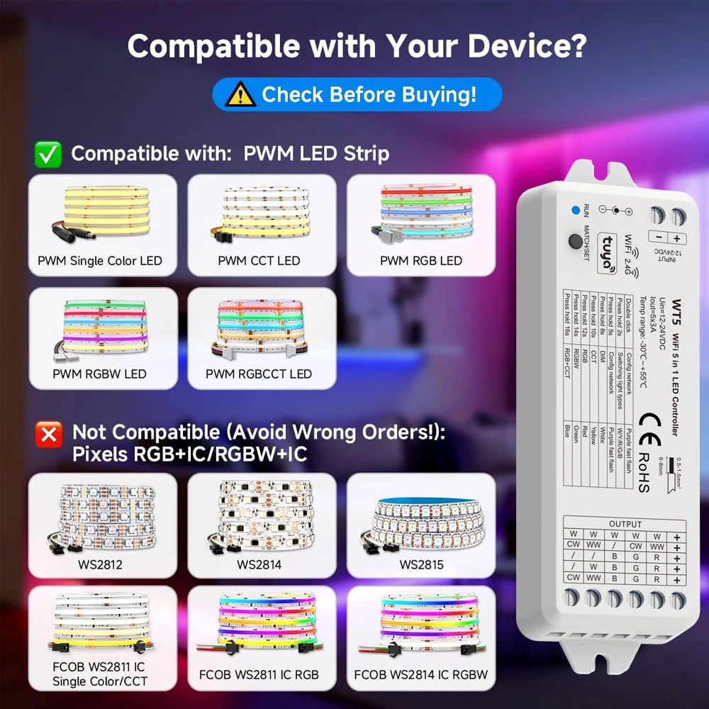 CENFAYA WiFi RF 5 In1 LED Controller KIT Single Color CCT RGB RGBW RGBCCT TUYA Smart Dimmer DC12-24V 4-Button 86 Panel RF Remote