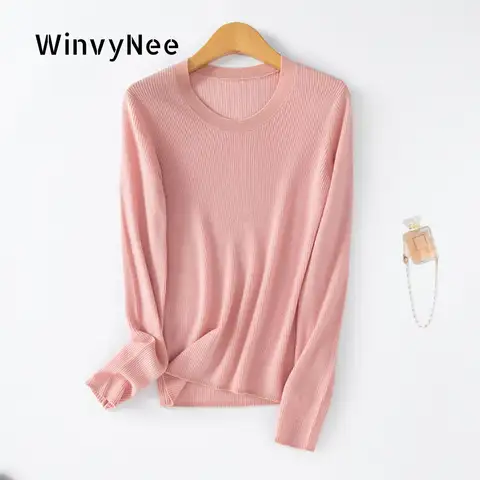 WinvyNee Women Worsted Wool Wide Crew Neck Ribbed Slim Fit Base Layer Pullover Spring Autumn Casual Skinny Core Wear A1757011A