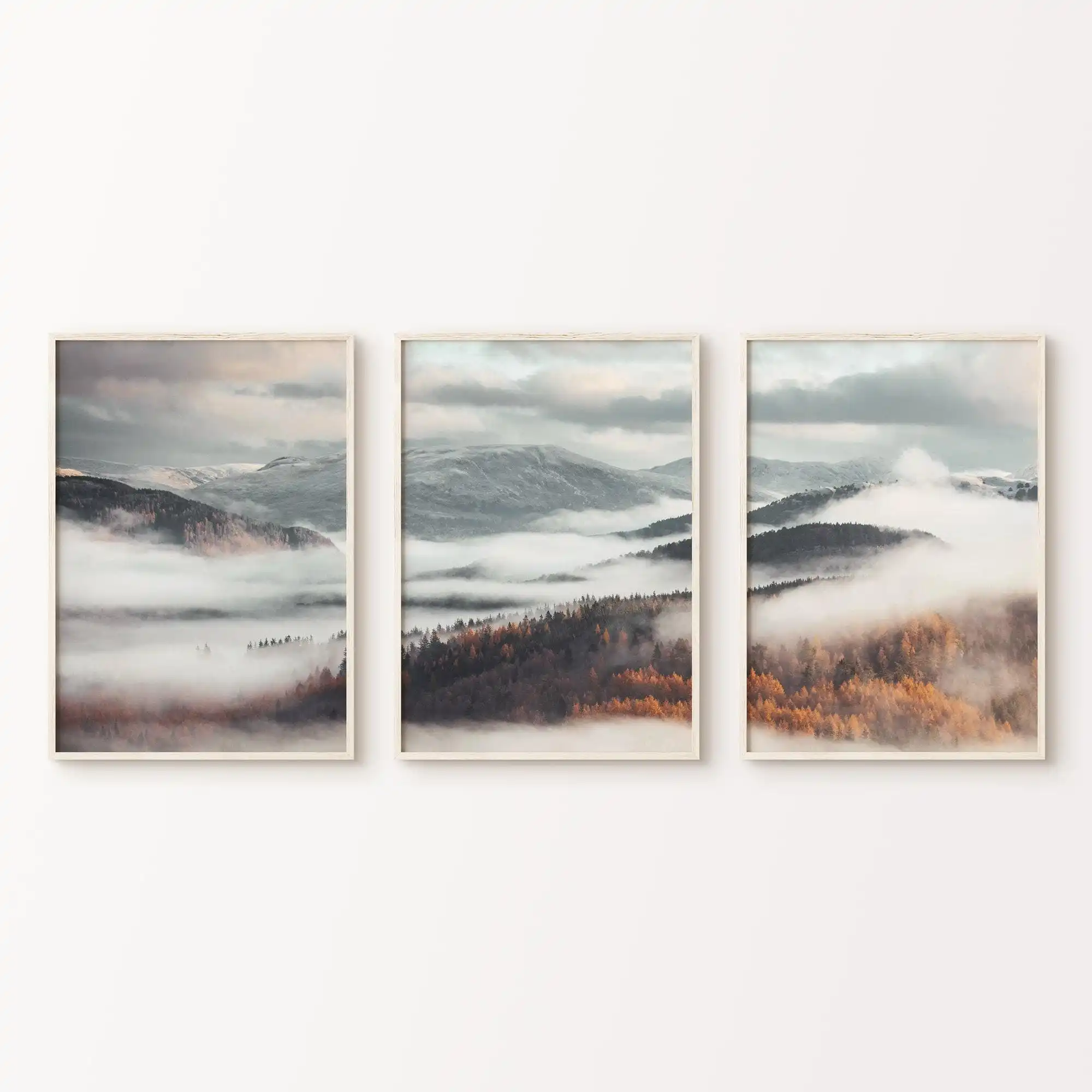 Fall Mountain Forest Wall Art Set of 3 Prints – Foggy Misty Nordic Nature Poster, Split Landscape Canvas for Home Decor Gifts