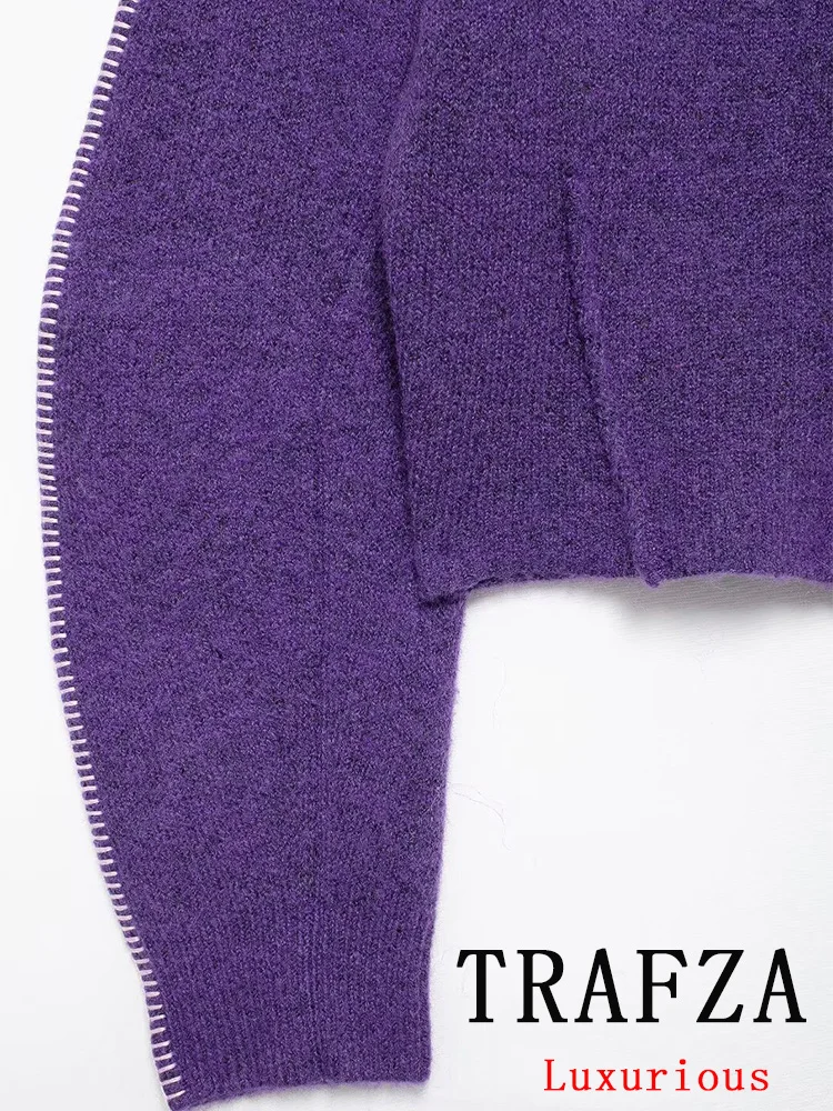 TRAFZA Vintage Casual Chic sweter damski fioletowy jednolity, stójka jednorzędowy, dzianinowy sweter moda 2024 jesienno-zimowy sweter