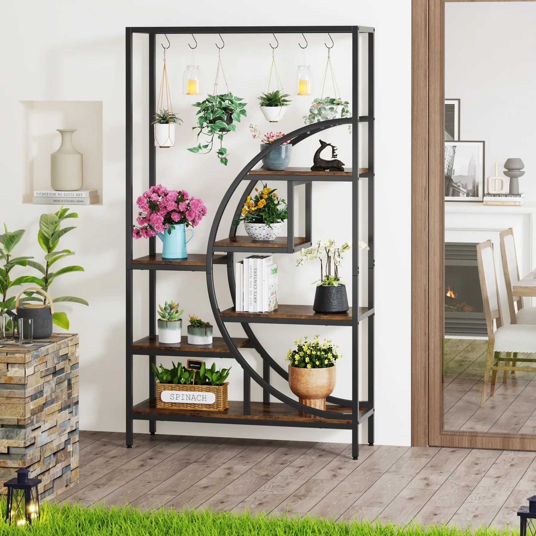 70.9-Inch Tall Plant Stand with Shelves and Hooks (Brown-1PC)