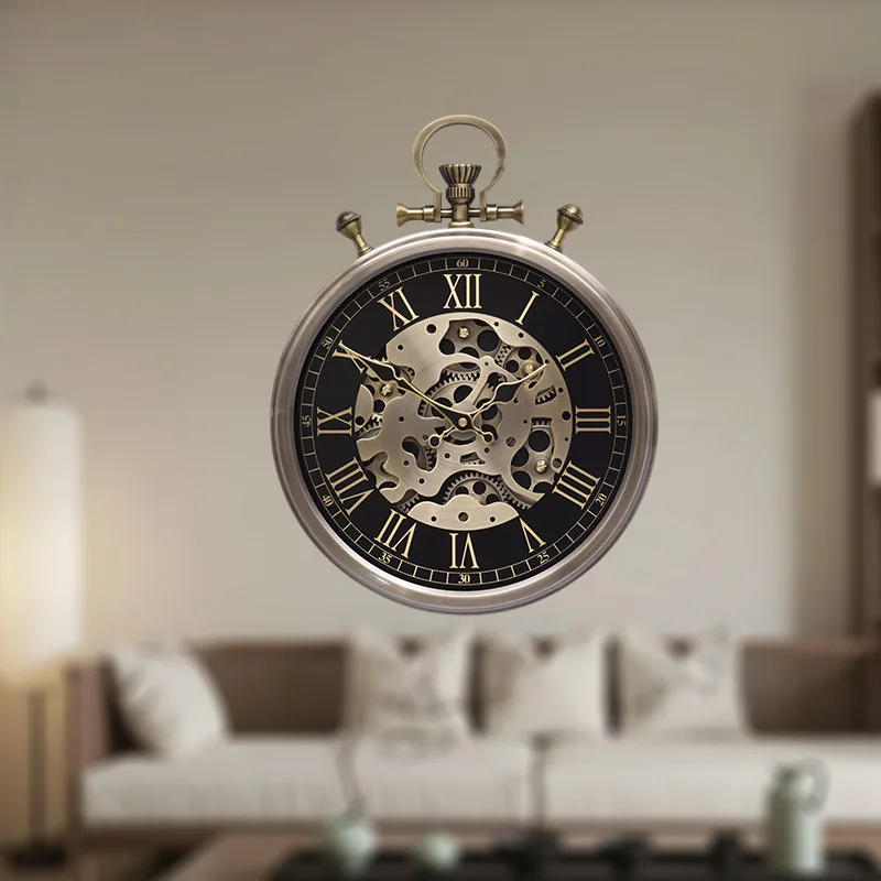 Retro Gear Dynamic Clock Antique Living Room Silent Wall Clock for Bedroom Metal Pocket Watch Clocks Luxury Home Decoration