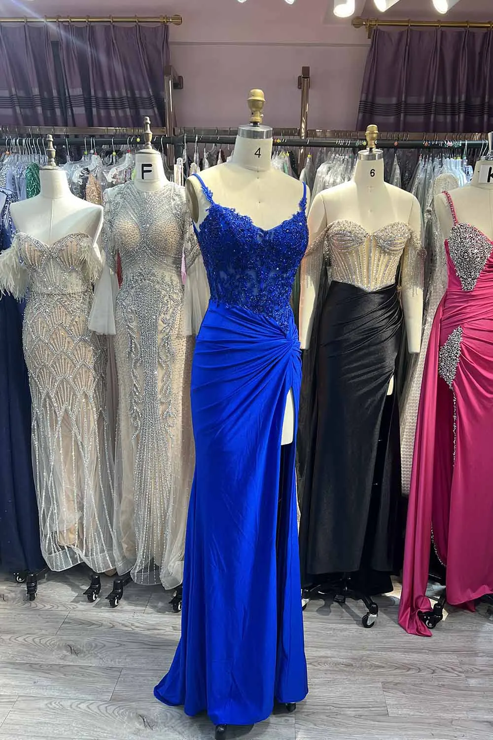 YQLNNE Royal Blue Long High Slit Prom Dresses Straps Beading Sequined Spandex Mermaid Evening Gown YQLNNE