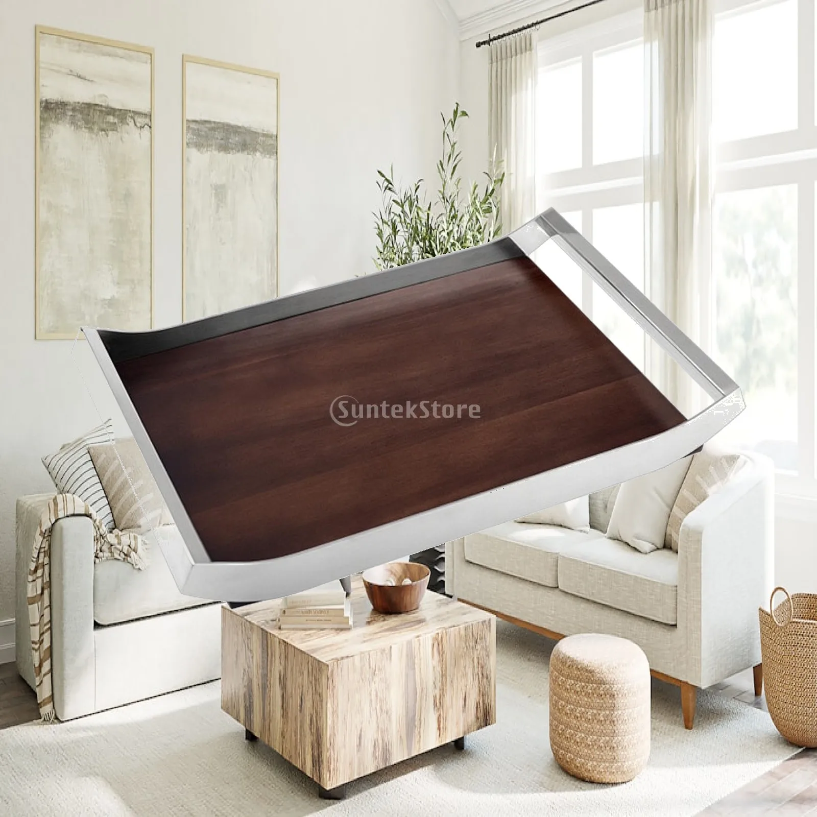 Rectangular Walnut Serving Tray Stainless Steel Edge for Bathroom Countertop Accessory Storage Vanity Tray Decorative Home