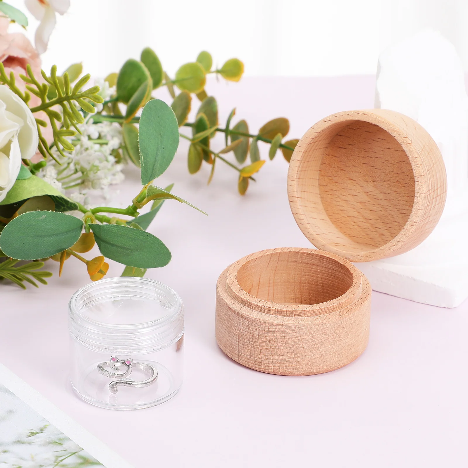 

1 Set Round Wooden Ring Box For Wedding Engagement Small Jewelry Storage Earring Studs Clear Lidded Compact Portable Natural