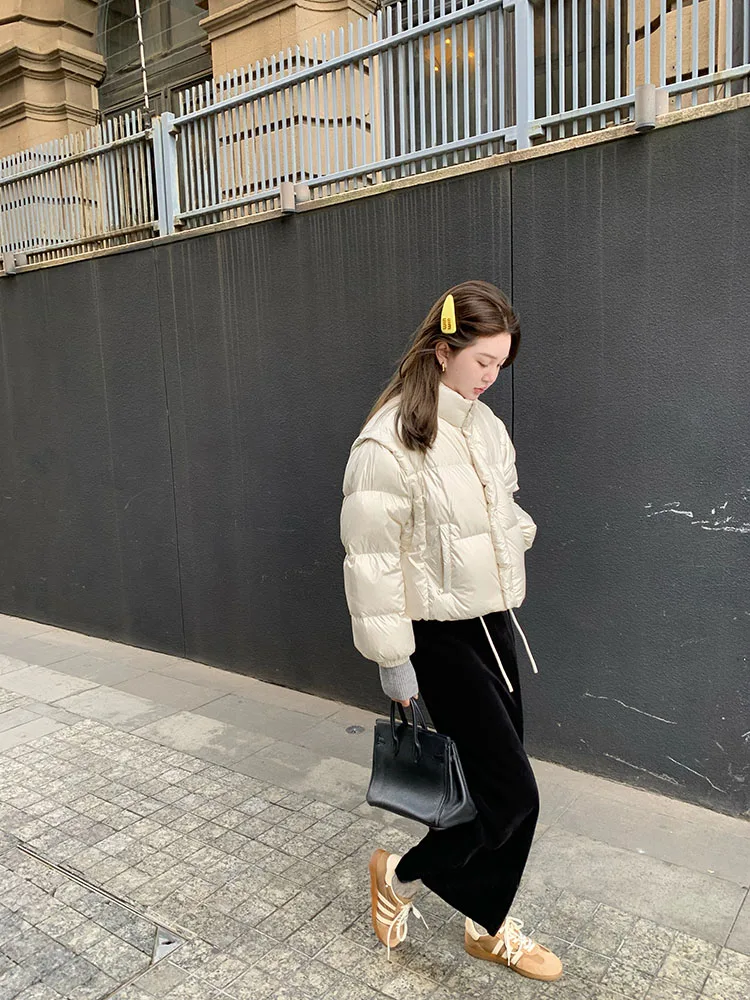 Women's ort down Jaet Vest Detachable Sve Warmth Design Small Size Winter New Sle Casual Loose Fit Thiened Polyester