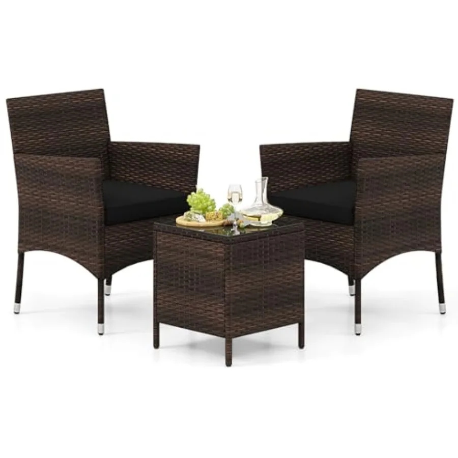 Tangkula 3 Pieces Patio Rattan Furniture Set Outdoor Conversation Set with PE Wicker Armchairs Tempered Glass Top Coffee Table