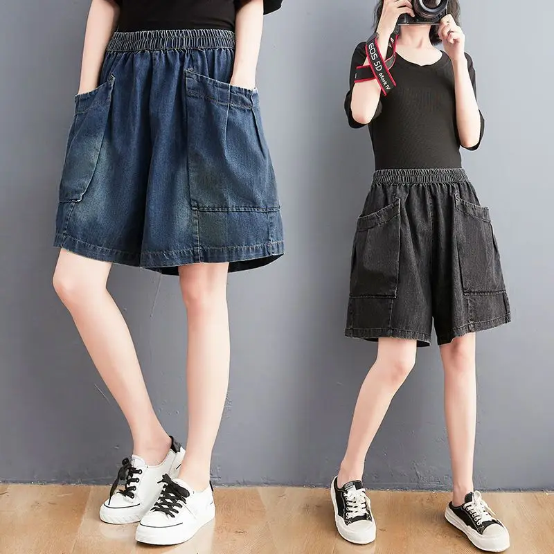 High Waist Denim orts Women's Summer Loose Wide Leg Pants Slimming Effect Deep Blue E9035