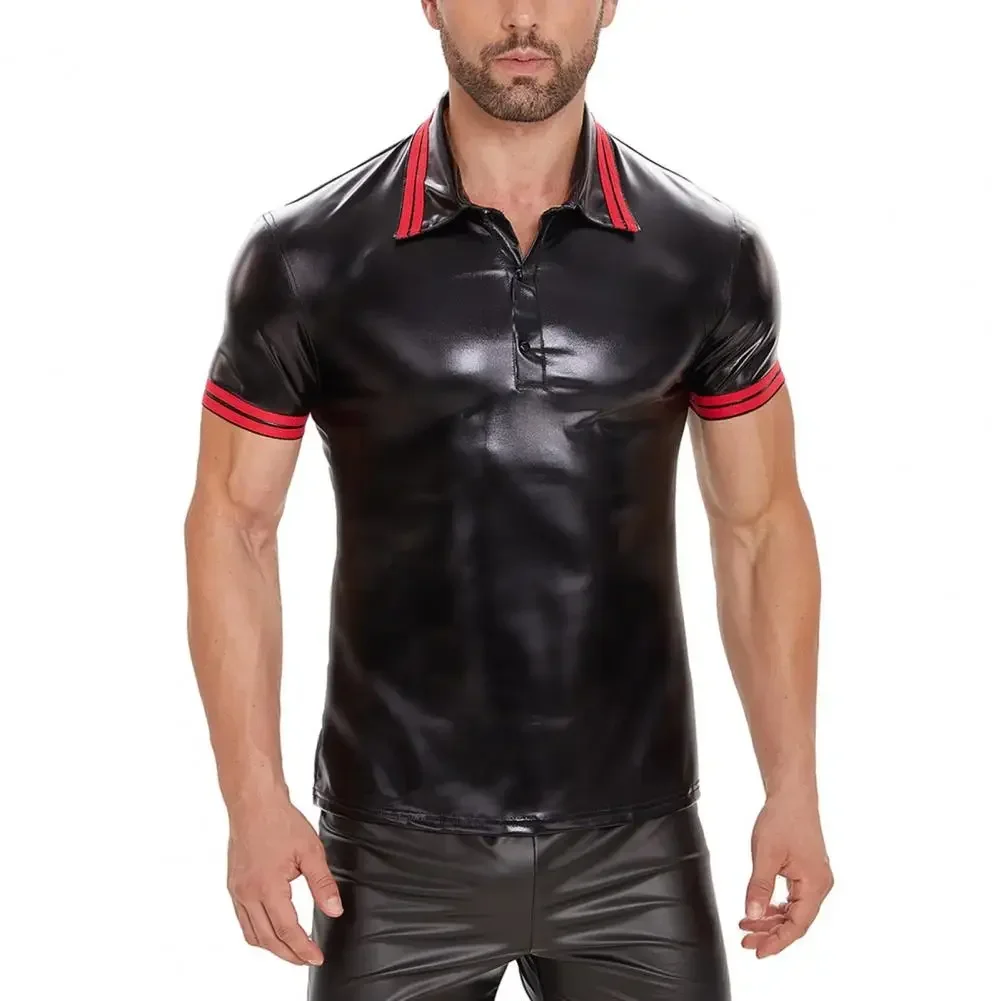 Mens Shiny Leather T-shirt Glossy Faux Leather Short Sleeve Tees Male Turn-down Neck Shaping Latex Casual Shirt