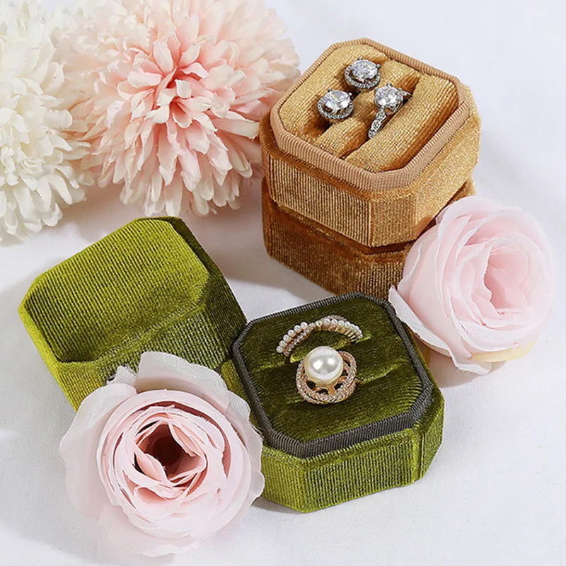 

New Velvet Jewelry Box Octagonal Ring Box Double Ring Box Wedding Ring Box with Detachable Lid Jewelry Organizer Storage