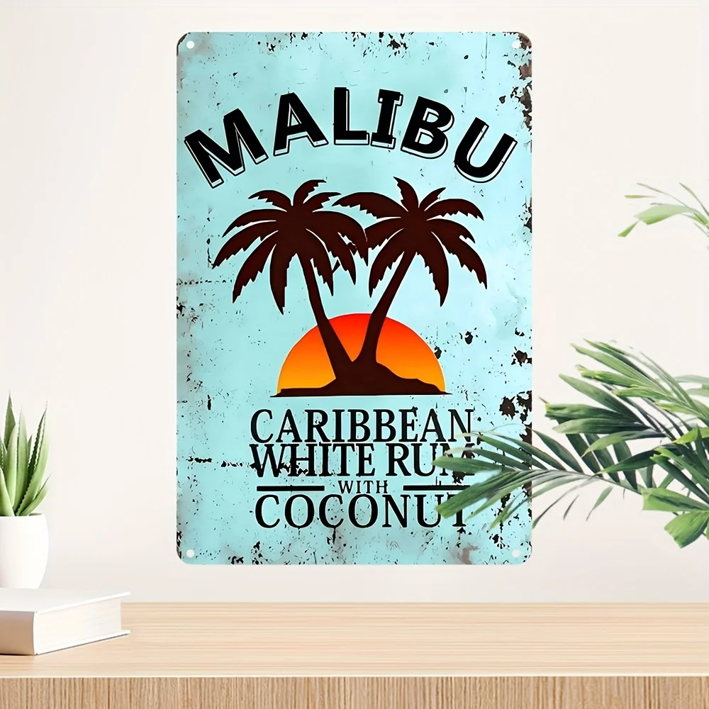 لافتة معدنية عتيقة من Malibu Coconut Rum - لوحة فنية جدارية قديمة للمنزل، البار، المقهى، للسيارة، ديكور الحفلات - استوائية 29.97 سم × 19.99 سم