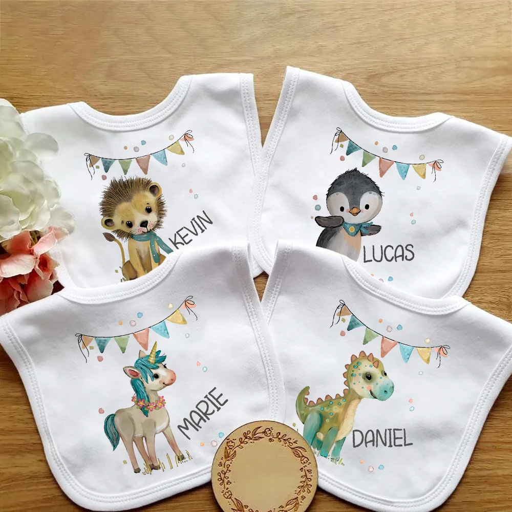 Personalized Baby Bibs Animal with Name Boys Girls Cotton Bib Custom Newborn Saliva Towel Newborn Cartoon Bib Infant Shower Gift