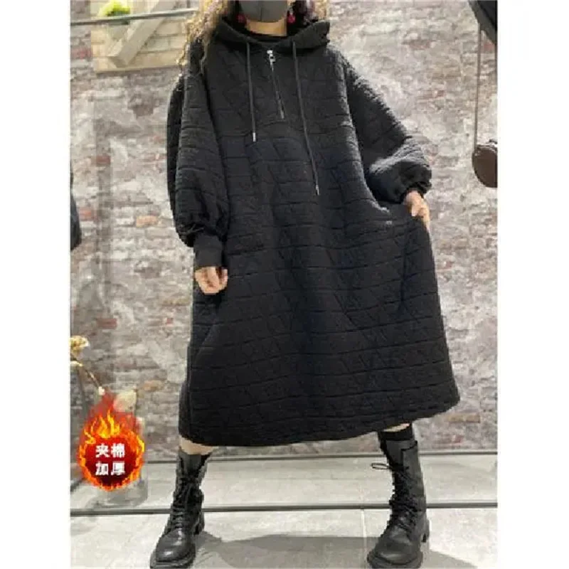 Oversized Women's Clothing Autumn And Winter Jacket Cotton Jacket Hooded Sweatershirt Winter Plush And Thickened Dress Winter