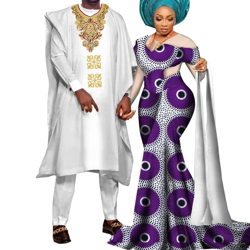 African Couple Clothes Party Dresses for Women Riche Men Print Robe Shirt with Trousers Suits Sets Wedding Clothing Wyq922