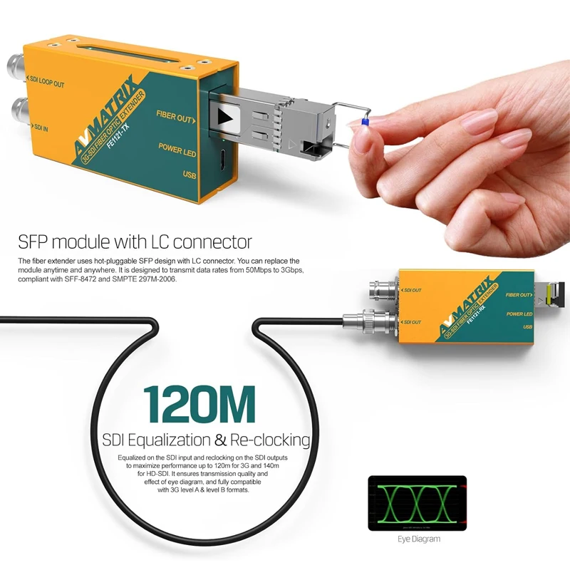AVMATRIX FE1121 3G-SDI Fiber Optic Extender, 20km, Mendukung Sinyal 3G/HD/SD SDI, Kompatibel dengan Komputer, Laptop, Printer