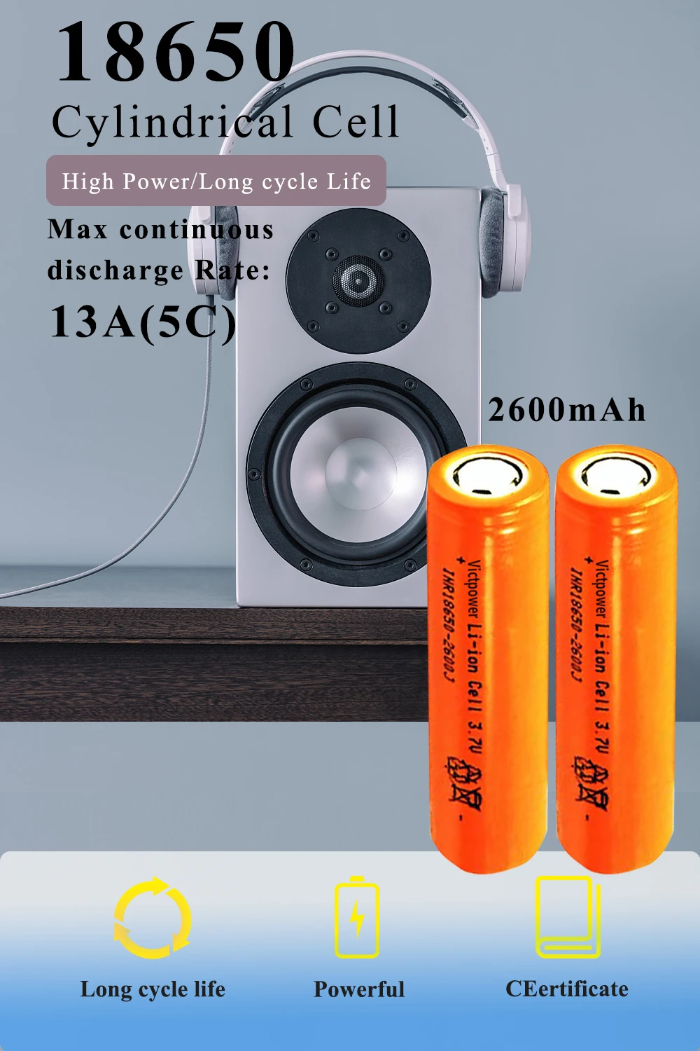 

100% Original 18650 battery 3.7V 2600mah High Capacity lithium-ion battery INR18650-26P 13A 5C akku For Headphones，Stereos