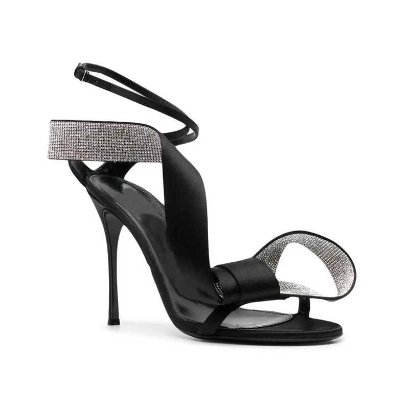 Arden Furtado 2024 Summer Satin Round toe Super high heel Cross strap Belt buckle Party Crystal bowknot Open toe Sandals