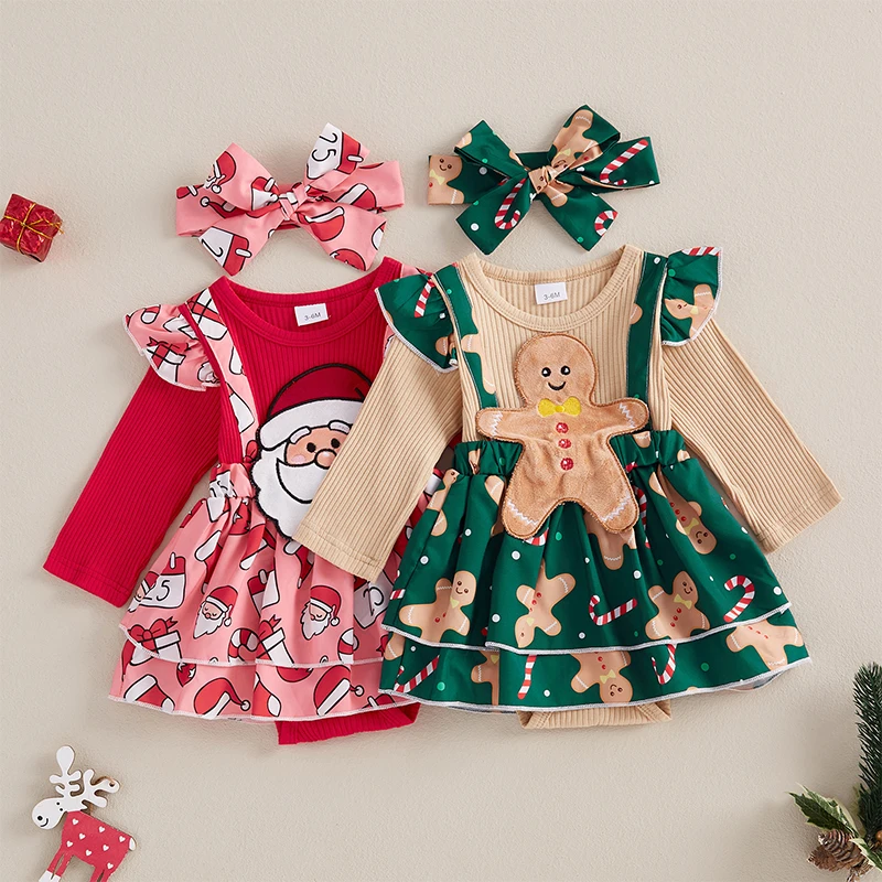 My First Christmas Baby Girl Outfit Newborn Gingerbread Patchwork Ruffle Romper Dress Infant Bodysuit Cute Fall Winter Clothes