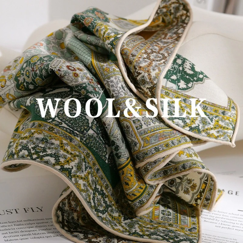 Luxury Persian Rug Inspired Silk Wool Square Scarf for Women, 65×65cm Double Sided Different Color Shawl Wrap Neck Scarf