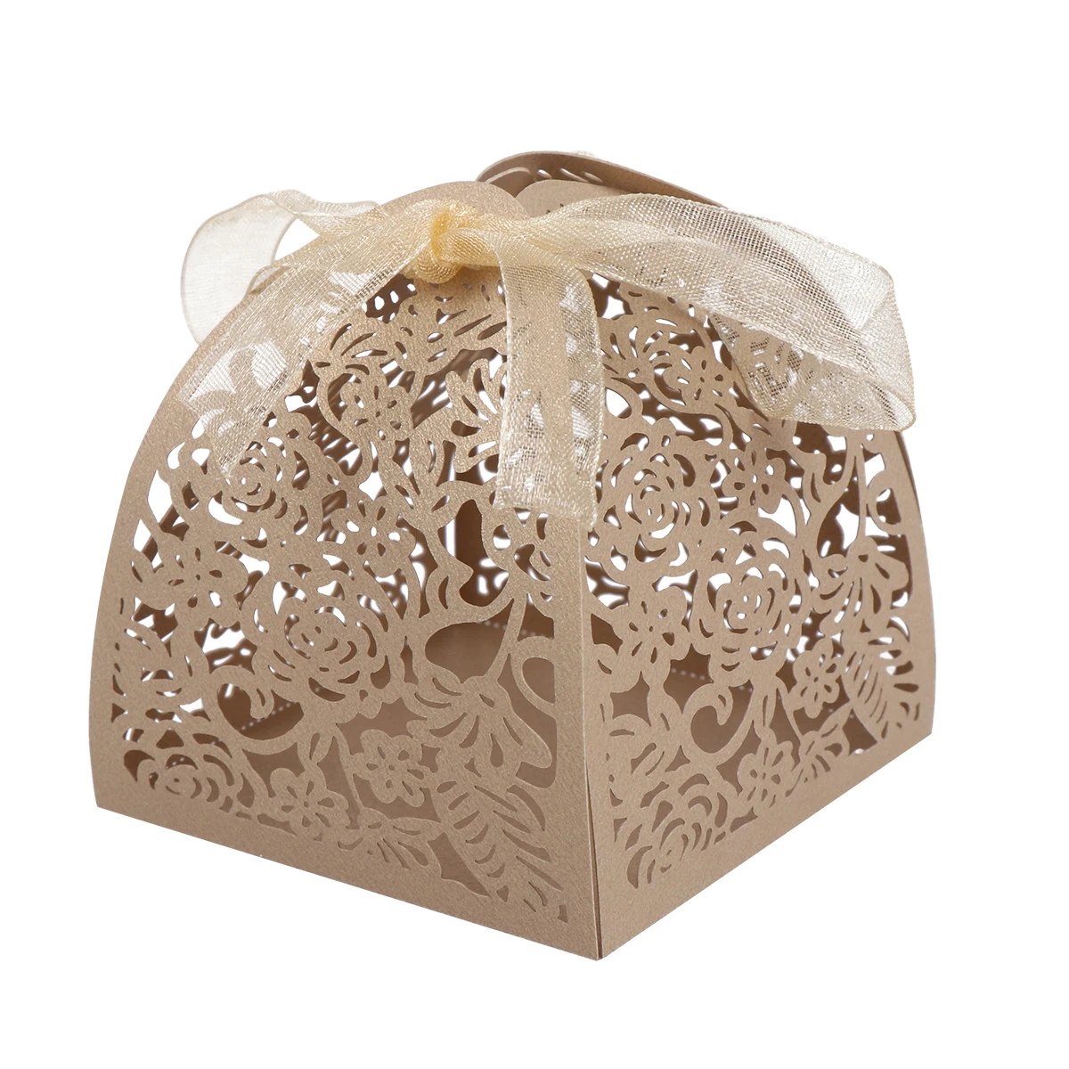 

50pcs Rose Hollow Candy Box Custom Rose Design Wedding Sugar Elegant Gift Box Wedding Party Supplies (Golden)
