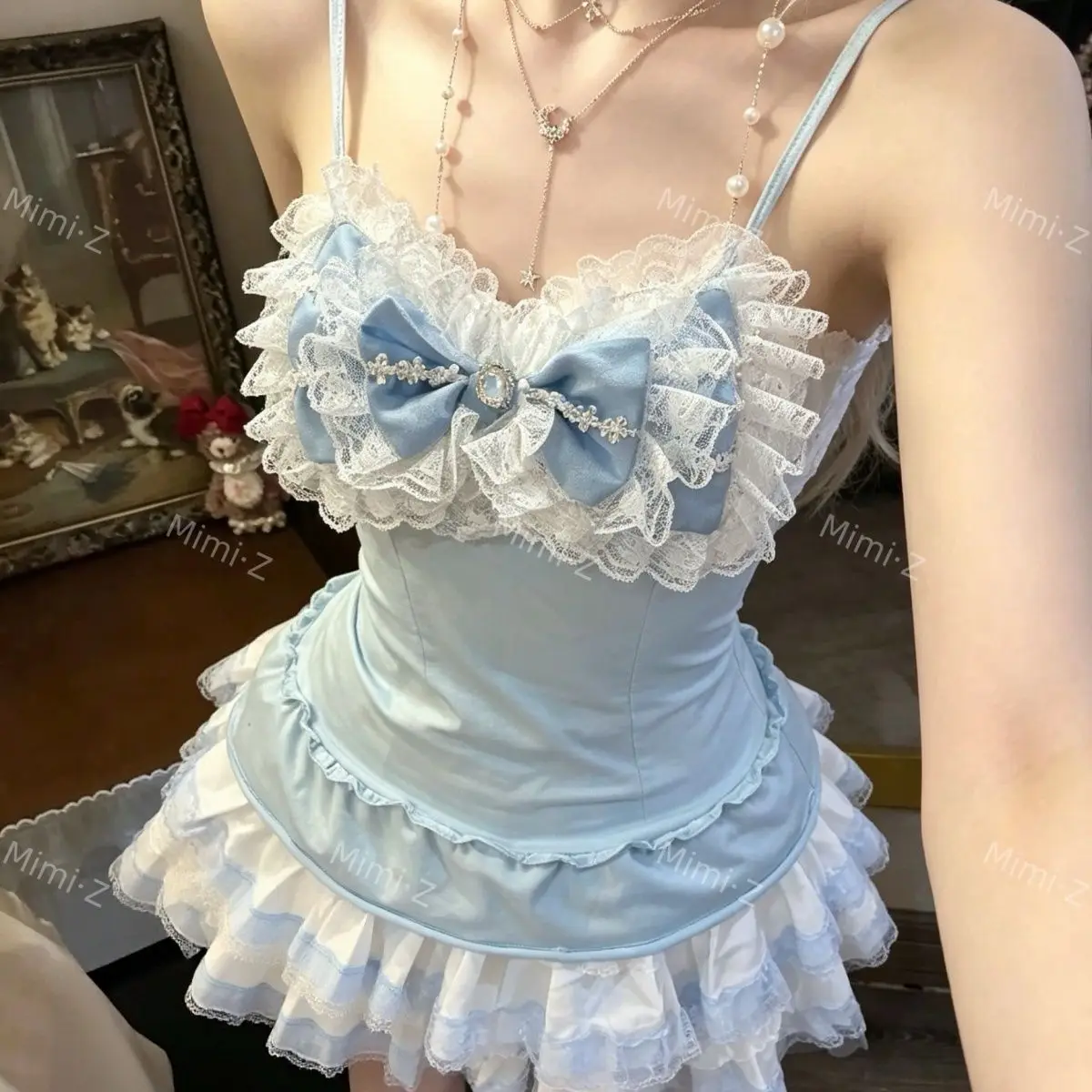 Y2K Sweet Lol 3-piece Costume Blue Bow Lace Sling Vest Ruffle Edge Cake Skirt Lace Cardigan Daily Cute Princess Cosplay Costume