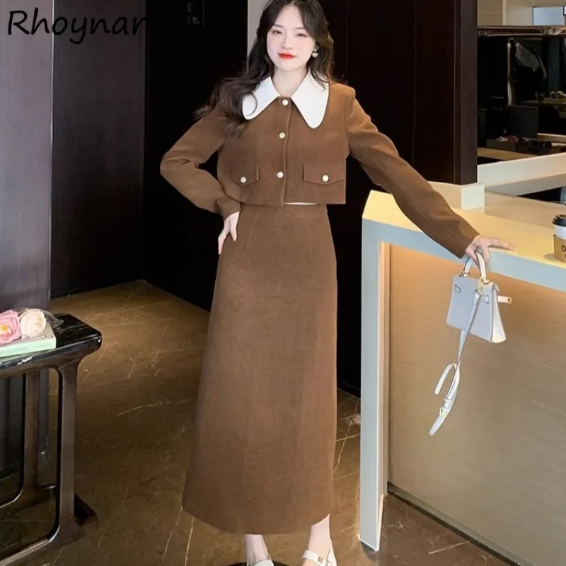 

Комплекты в корейском стиле, женские вельветовые укороченные топы, дизайнерские юбки с высокой талией на пуговицах, однотонные, простые, универсальные, уличная одежда с разрезом сзади