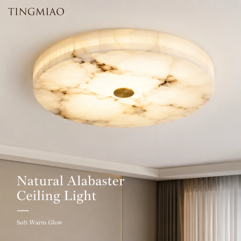 

Modern Minimalist Spanish Marble Round LED Ceiling Lamp All Copper Chinese Style Living Room Bedroom Decorative Lighting Fixture