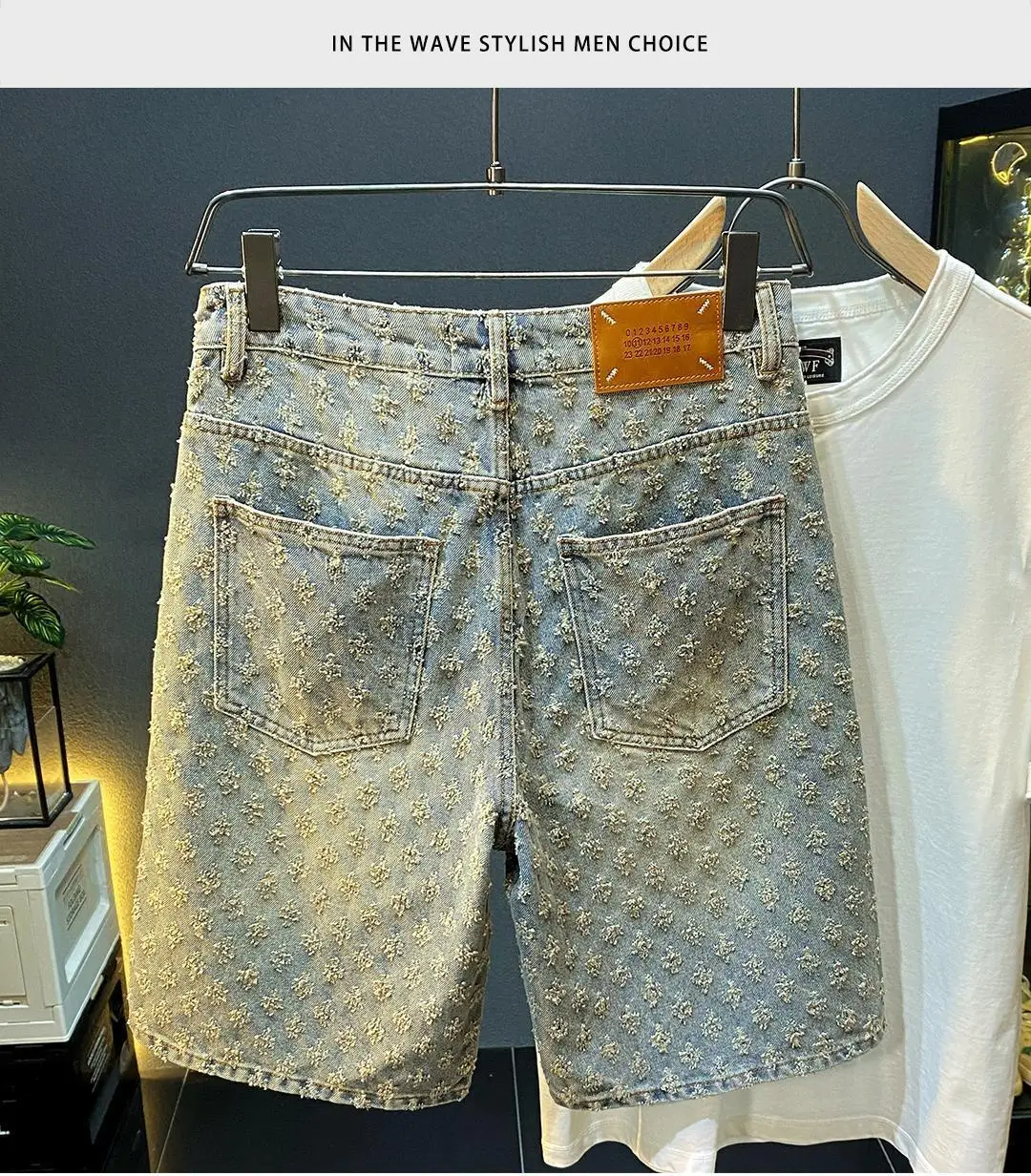 Fashion Casual Summer Light Blue Distressed Men Denim Shorts Smart Straight Leg Loosen Male High Street Niche Design Tide Shorts
