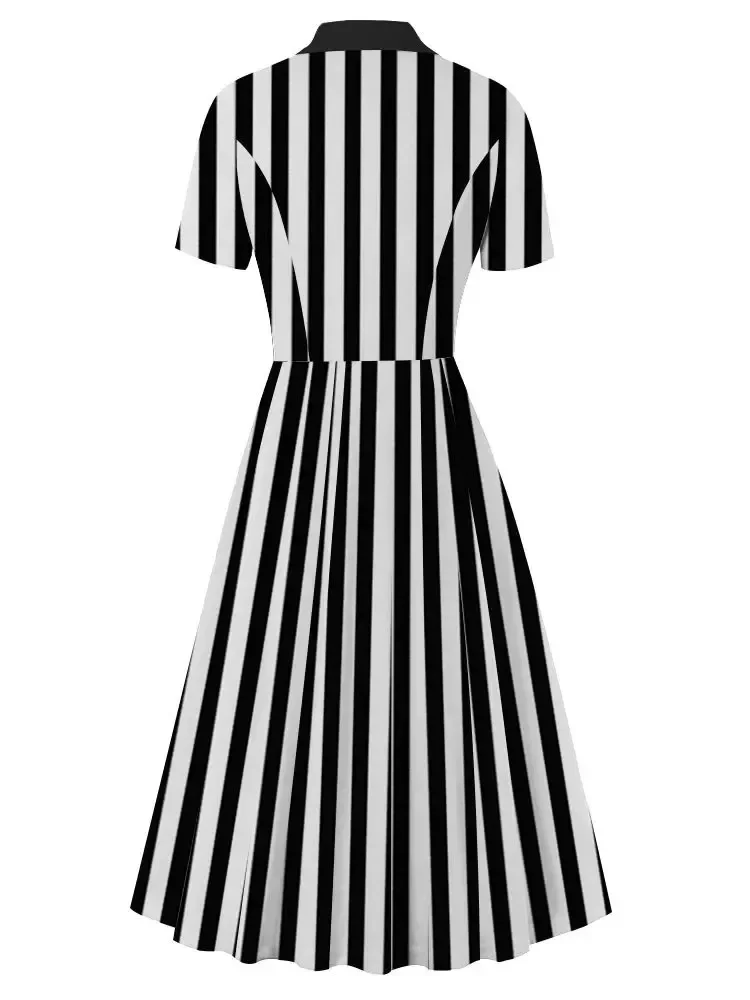 2025 New Vintage Notched Collar Black and White Striped Print Tea Dress 50s Formal Women Elegant Double Breasted Pleated Dresses