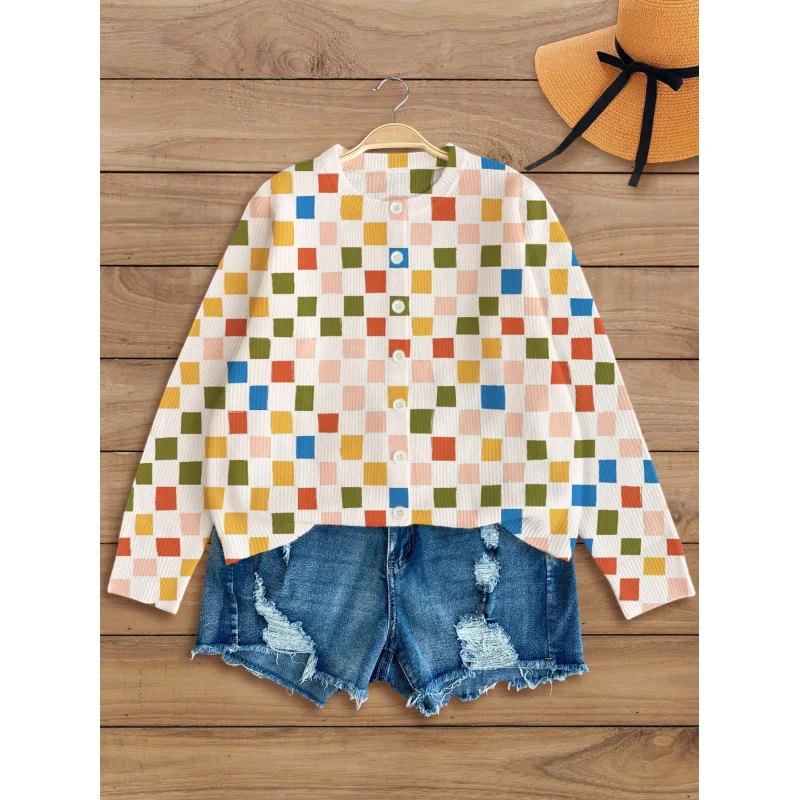 

Colorful Checkered Print Digital-Printed Women's Knit Cardigan Thick & Loose Fit Round Neck & Long Sleeves Autumn/Winter Casual