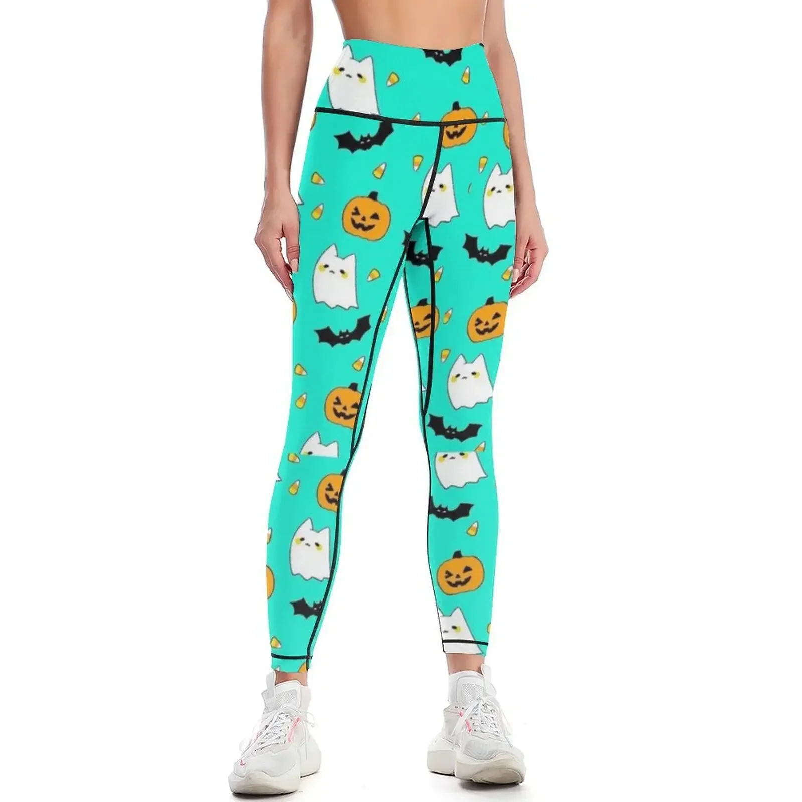 

Halloween Creepy Ghosts Skulls Cats Pattern Leggings high waist push up tights for Women's sports Womens Leggings