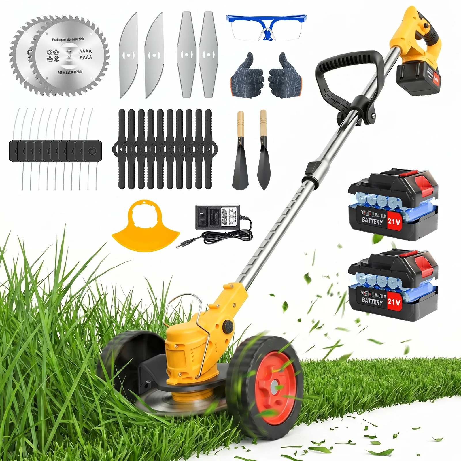 5-in-1 Cordless Electric Lawn Mower Grass Trimmer 6-Inch Weed Whacker & Garden Pruner with 21V 2x4.0Ah Batteries and 5 Types of Blades for Branches Weeds Shrubs Household