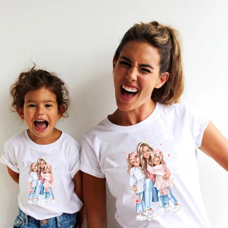 New Mother Kids Family Matching Outfits White Short Sleeve Mother and Daughter Clothes Mommy and Me Family Look Summer Tshirts