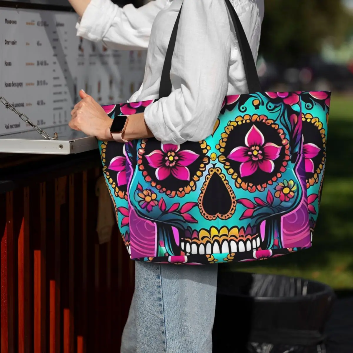 

Mexican Sugar Skulls And Flowers Beach Tote Bag Sport Gym Yoga Duffle Large Tote Bag Women Travel Bag Fitness bag