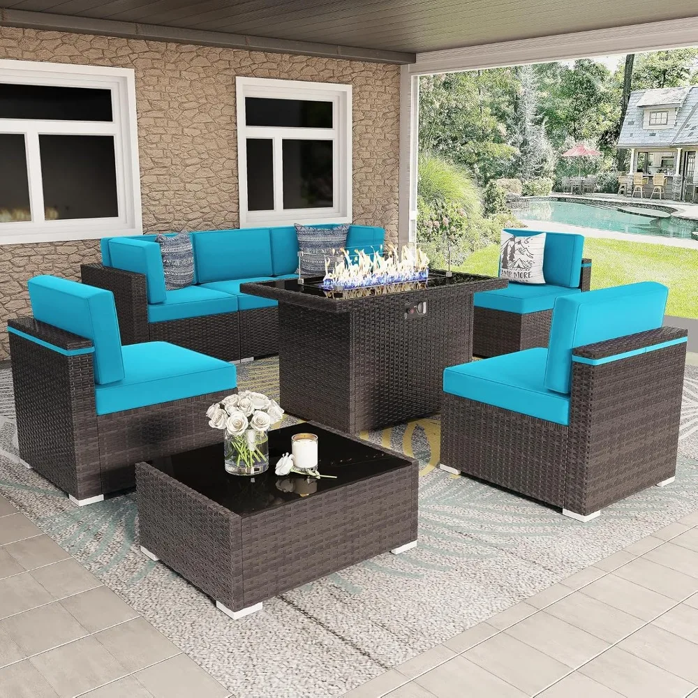 

8 Pieces Patio Furniture Set with 44" Propane Gas Fire Pit Table, Outdoor Sectional Wicker Conversation Sofa Sets with Coffee Ta