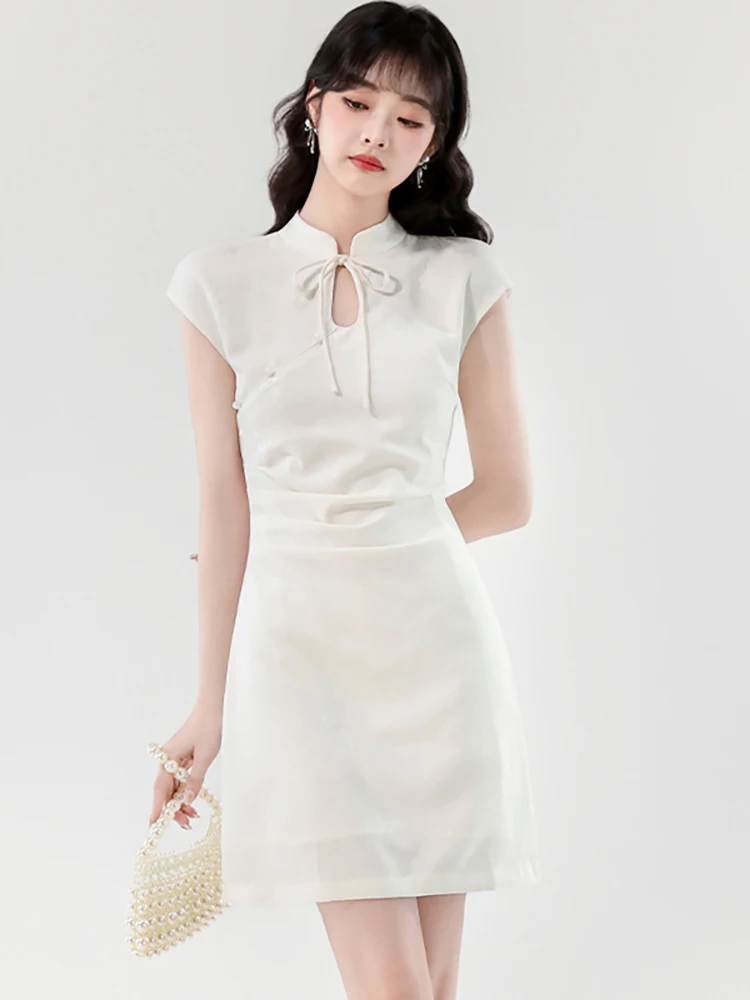 

Womne Korean Elegant Bodycon Casual Short Dress Summer White Jacquard Hollow Out Bow Collar Dress 2025 New Fashion Prom Dresses